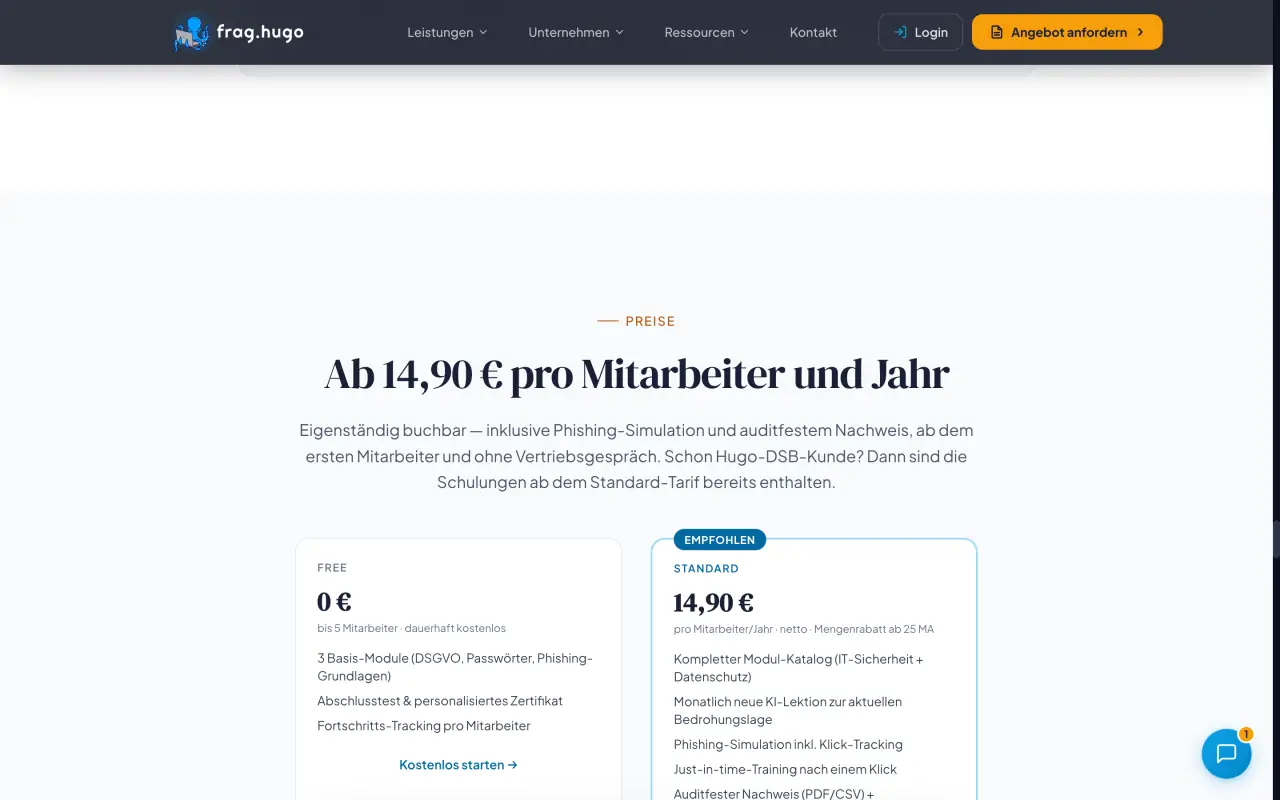 Hugo Learn Free-Tarif: bis 5 Mitarbeiter kostenlos, 3 Basis-Module mit Zertifikat