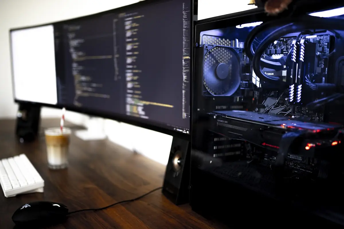Aufgeräumter Home-Office-Arbeitsplatz mit gebogenem Curved Monitor und Holzschreibtisch