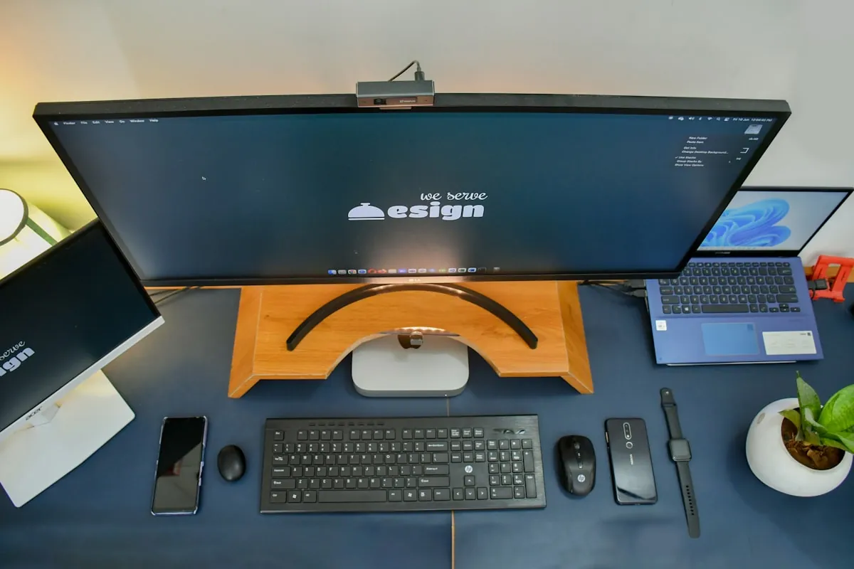 Curved Monitor mit mechanischer Tastatur auf einem dunklen Schreibtisch - Power-User-Setup im Buero