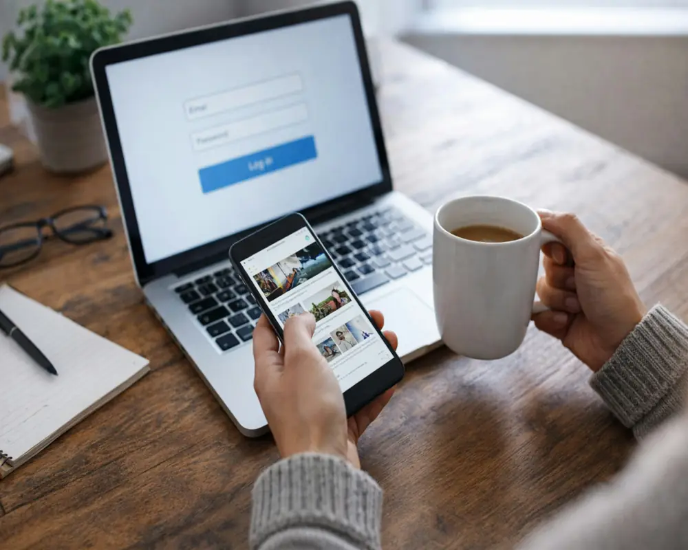 Flugmodus aktivieren am Smartphone neben Laptop und Kaffee – fokussiertes Arbeiten ohne Push-Benachrichtigungen