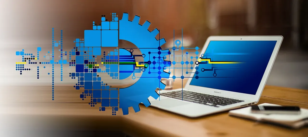 Digitale Transformation visualisiert mit Zahnrädern und Datenflüssen — KI-Roadmap und Digitalisierungs-Strategie im Mittelstand